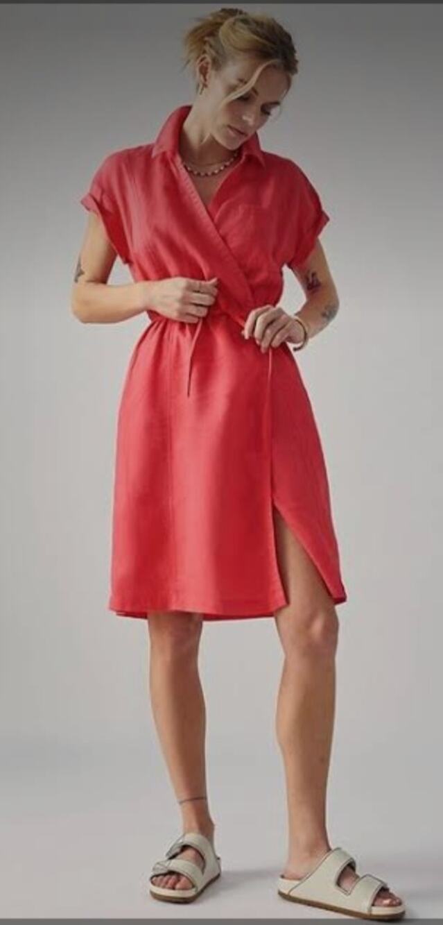 6182) Athleta Playa Passionfruit Coral Linen Coastal Wrap Dress Size 8